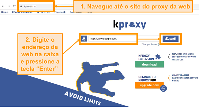 Captura de tela da p&aacute;gina inicial do KProxy