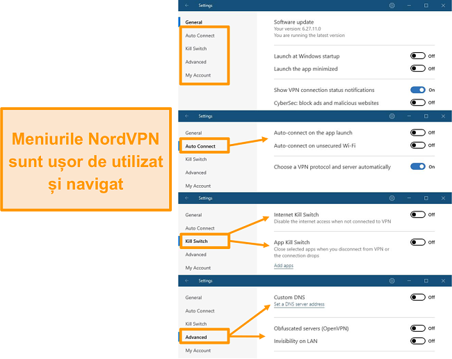 Captura de ecran a meniurilor desktop NordVPN.