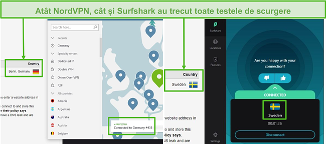 Screenshot de NordVPN care trece un test de scurgere conectat la un server german, și Surfshark care trece un test de scurgere conectat la un server suedez.