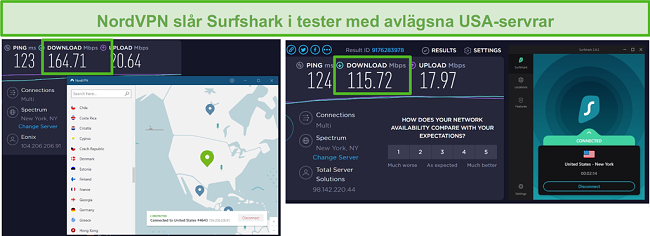 Sk&auml;rmdump av NordVPN och Surfshark som k&ouml;r ett amerikanskt hastighetstest.