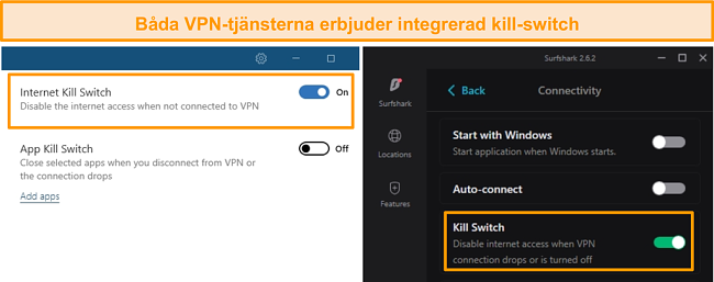 Sk&auml;rmdump av NordVPN: s och Surfsharks integrerade kill-switchar.