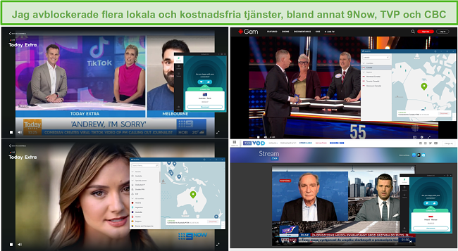 Sk&auml;rmdump av NordVPN och Surfshark som blockerar olika lokala TV-stationer, inklusive 9Now, TVP och CBC.