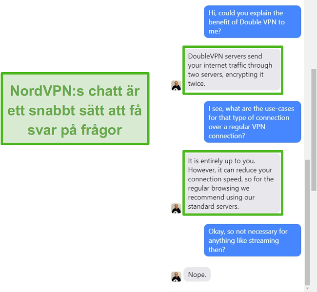Sk&auml;rmdump av NordVPN livechattassistans.