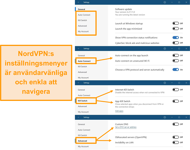 Sk&auml;rmdump av NordVPN: s skrivbordsmenyer.