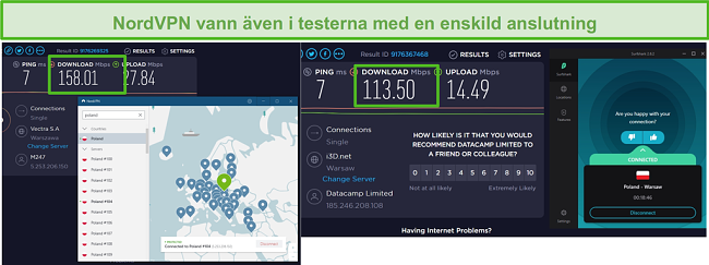 Sk&auml;rmdump av NordVPN och Surfshark som k&ouml;r ett hastighetstest med en anslutning.