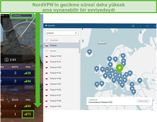 NordVPN bağlı olarak oyun oynarken Call of Duty: Warzone ve Rocket League gecikme sonu&ccedil;larının ekran g&ouml;r&uuml;nt&uuml;s&uuml;.