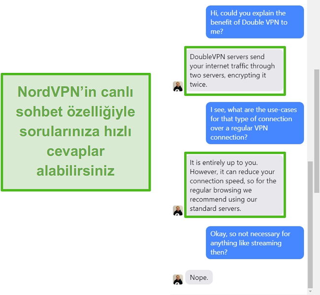 NordVPN canlı sohbet yardımının ekran g&ouml;r&uuml;nt&uuml;s&uuml;.