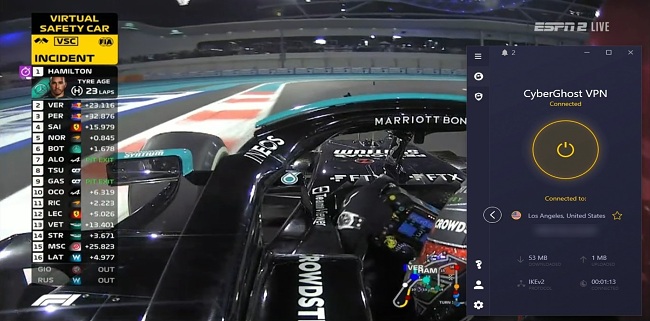 Screenshot of F1 Grand Prix race streaming on ESPN2 Live, Sling TV while CyberGhost is connected to a server in Los Angeles, USA