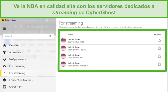 Captura de pantalla de los servidores de transmisi&oacute;n dedicados de CyberGhost que pueden acceder a los Playoffs de la NBA