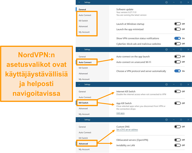 N&auml;ytt&ouml;kuva NordVPN: n ty&ouml;p&ouml;yd&auml;n valikoista.
