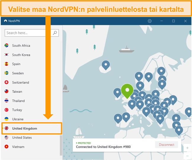N&auml;ytt&ouml;kuva NordVPN: st&auml;, joka on kytketty Ison-Britannian palvelimeen.