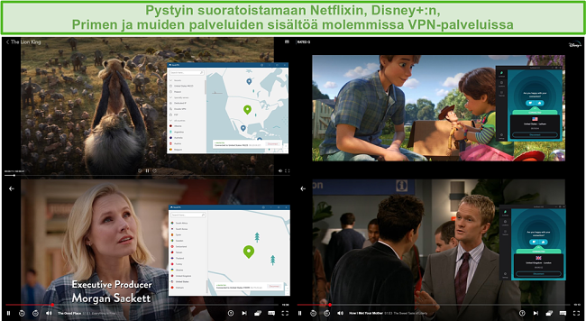 N&auml;ytt&ouml;kuva NordVPN: n ja Surfsharkin est&auml;misest&auml; eri TV-ohjelmien ja elokuvien estoon Netflixiss&auml; ja Disney +: ssa.