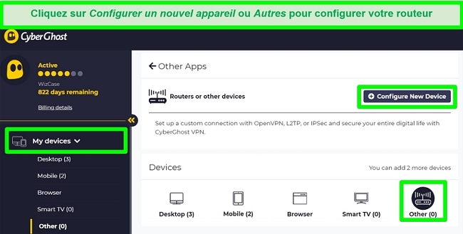 Capture d'&eacute;cran des options de configuration du routeur CyberGhost dans les param&egrave;tres du compte