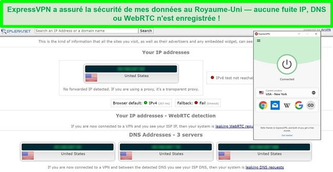 Capture d'&eacute;cran du test de fuite ExpressVPN d'IPLeak.net ne montrant aucune fuite de donn&eacute;es.