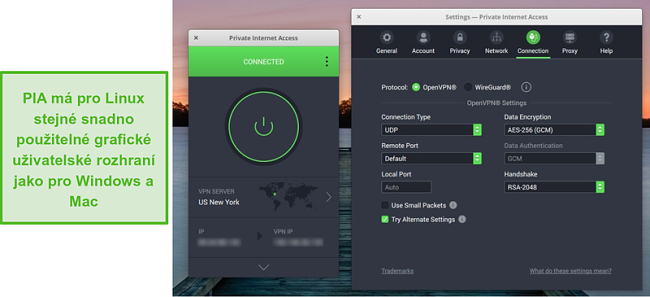 Screenshot grafick&eacute;ho uživatelsk&eacute;ho rozhran&iacute; PIA v syst&eacute;mu Linux.