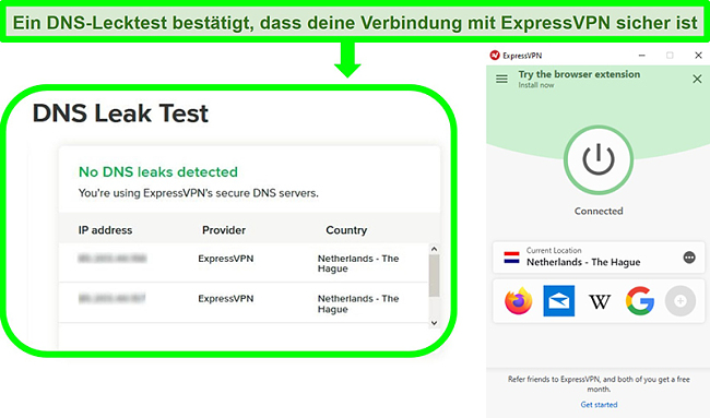 Screenshot eines DNS-Lecktests, w&auml;hrend ExpressVPN mit einem Server in den Niederlanden verbunden ist