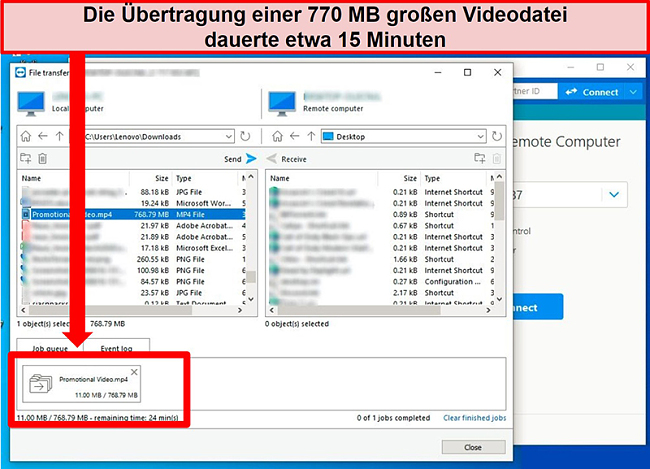 Screenshot der Datei&uuml;bertragungsfenster von TeamViewer, w&auml;hrend eine Videodatei von einem PC auf einen anderen gesendet wird