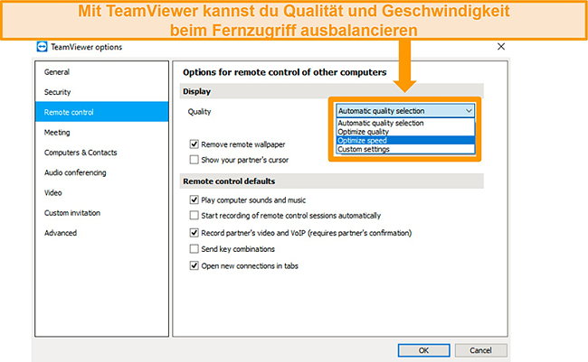 Screenshot der Fernzugriffsoptionen von TeamViewer und "Geschwindigkeit optimieren" im Dropdown-Men&uuml; zur Qualit&auml;tsauswahl