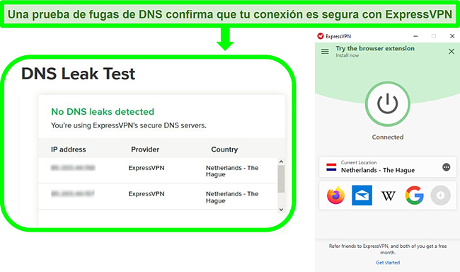 Captura de pantalla de una prueba de fugas de DNS mientras ExpressVPN est&aacute; conectado a un servidor en los Pa&iacute;ses Bajos