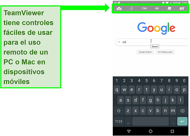 Captura de pantalla de los controles del dispositivo m&oacute;vil de TeamViewer navegando de forma remota por la web en una PC