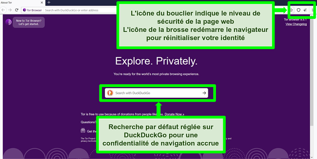 Capture d'&eacute;cran de la page d'accueil du navigateur Tor avec des ic&ocirc;nes et des fonctionnalit&eacute;s du moteur de recherche en surbrillance