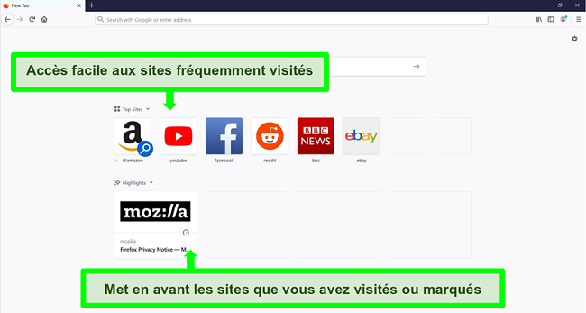 Capture d'&eacute;cran de la page d'accueil de Firefox avec des fonctionnalit&eacute;s mises en &eacute;vidence