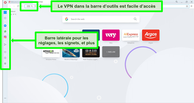 Capture d'&eacute;cran de la page d'accueil d'Opera avec VPN et barre lat&eacute;rale en surbrillance