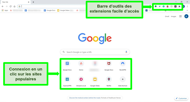 Capture d'&eacute;cran de la page d'accueil de Google Chrome avec certaines fonctionnalit&eacute;s mises en &eacute;vidence