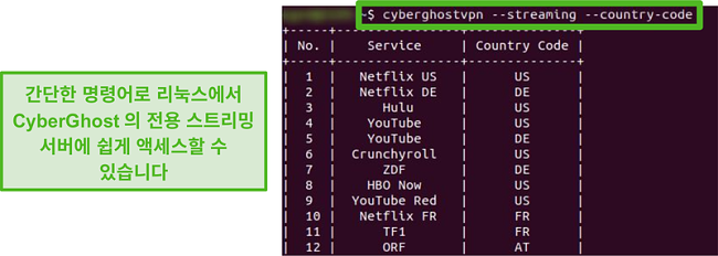 Linux에서 CyberGhost의 전용 스트리밍 서버 스크린 샷.