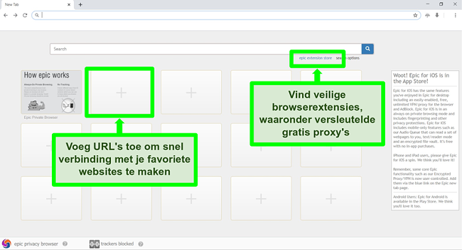 Screenshot van de Epic Privacy Browser-startpagina met gemarkeerde functies