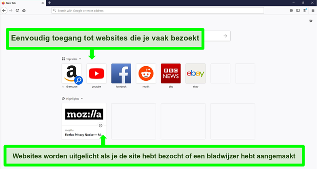Schermafbeelding van de startpagina van Firefox met gemarkeerde functies