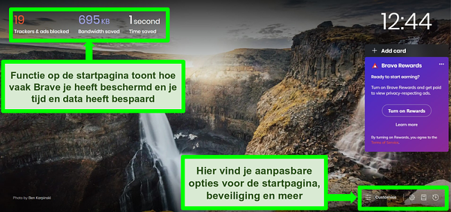 Geannoteerde schermafbeelding van de startpagina van de Brave-browser, met nadruk op functies en aanpassingsinstellingen