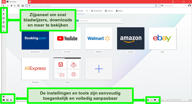 Screenshot van de Vivaldi-startpagina met enkele functies gemarkeerd en geannoteerd