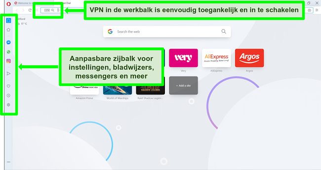 Screenshot van de Opera-startpagina met VPN en zijbalk gemarkeerd