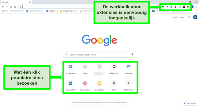Screenshot van de Google Chrome-startpagina met enkele gemarkeerde functies