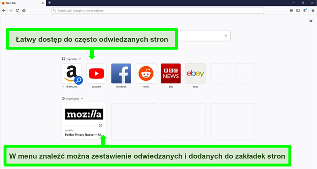 Zrzut ekranu strony gł&oacute;wnej przeglądarki Firefox z wyr&oacute;żnionymi funkcjami