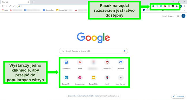 Zrzut ekranu strony gł&oacute;wnej Google Chrome z wyr&oacute;żnionymi niekt&oacute;rymi funkcjami