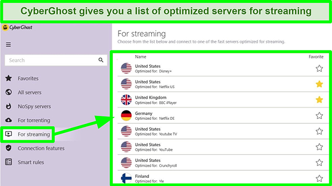 cyberghost optimized-streaming servers list