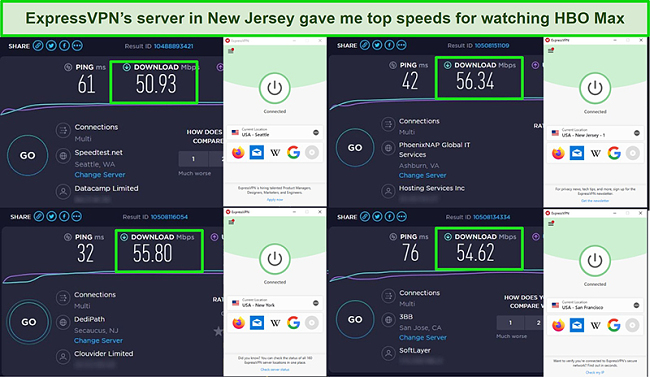 Screenshot of 4 speed tests performed on ExpressVPN servers in the US