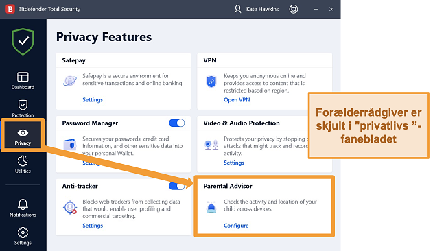 Sk&aelig;rmbillede af Bitdefender-appen med Parental Advisor fremh&aelig;vet.
