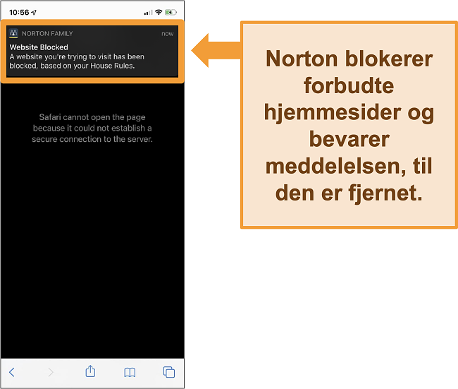 Sk&aelig;rmbillede af Norton-antivirus med for&aelig;ldrekontrol aktiveret p&aring; iPhone og blokering af forbudte websteder