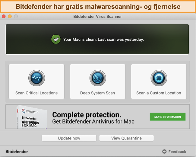 Sk&aelig;rmbillede af Bitdefender app dashboard p&aring; Mac
