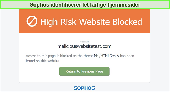 Sk&aelig;rmbillede af Sophos Web Protection, der blokerer for et h&oslash;jrisiko-websted