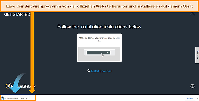 Screenshot der Website von Norton, der zeigt, wie Sie das Antivirenprogramm auf Ihr Ger&auml;t herunterladen.