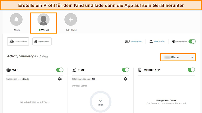 Screenshot von Nortons Kindersicherungs-Dashboard, das das Profil des Kindes und das Ger&auml;t hervorhebt, auf das die Kindersicherung heruntergeladen wurde.