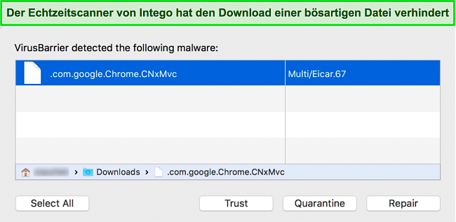 Screenshot des Echtzeit-Scanners von Intego, der das Herunterladen einer sch&auml;dlichen Datei blockiert