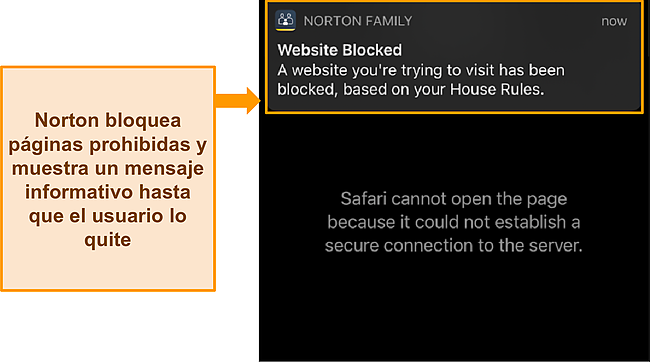 Captura de pantalla en la que se destaca la notificaci&oacute;n de Norton al intentar acceder a un sitio web restringido por controles parentales.