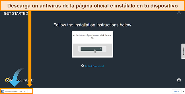 Captura de pantalla del sitio web de Norton que muestra c&oacute;mo descargar el antivirus en su dispositivo.