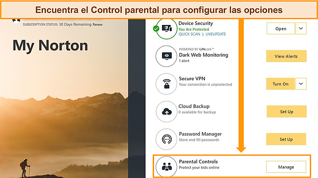 Captura de pantalla que muestra la aplicaci&oacute;n Norton para Windows, destacando la funci&oacute;n Controles parentales.