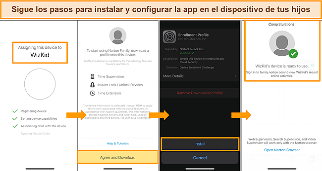 Captura de pantalla del proceso de configuraci&oacute;n de controles parentales para Norton en un iPhone.